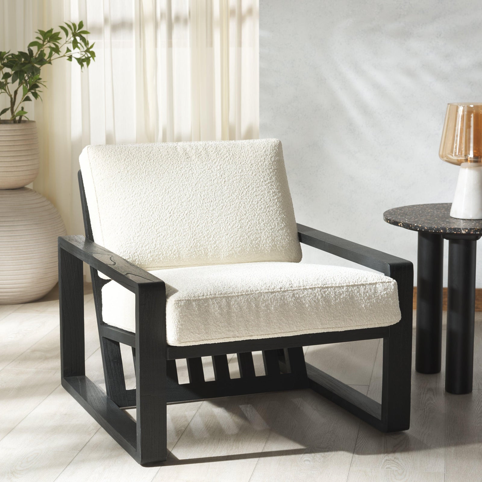 Safavieh Couture Decarlo Boucle Wooden Frame Accent Chair ACCENT + LOUNGE CHAIRS