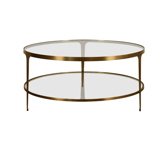 Two Tier Glass Top Round Coffee Table In Antique Brass - STACEY ABR