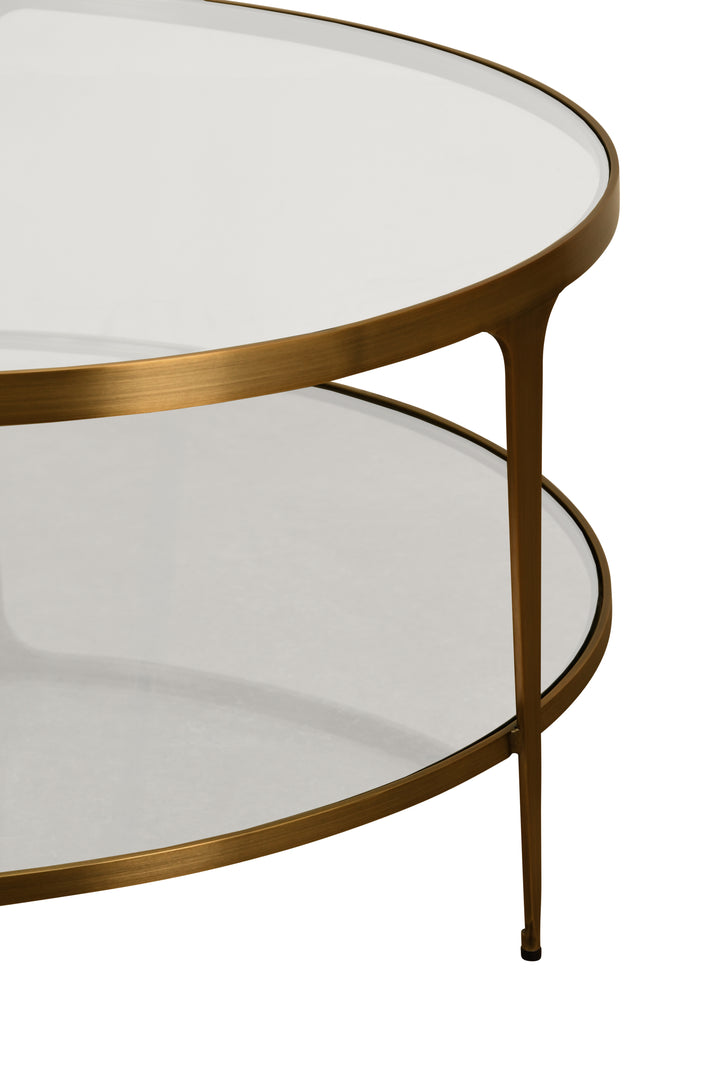 Two Tier Glass Top Round Coffee Table In Antique Brass - STACEY ABR