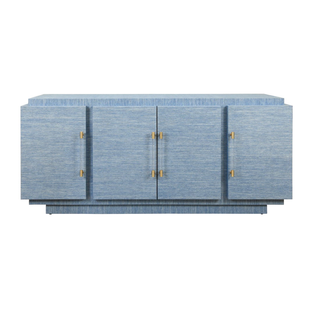 Four Door Wrap Around Modern Buffet With Brass Fluted Handles In Dyed Blue Grasscloth - STEELE BL