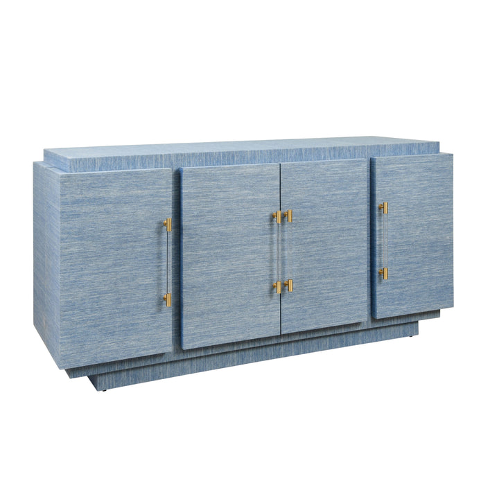 Four Door Wrap Around Modern Buffet With Brass Fluted Handles In Dyed Blue Grasscloth - STEELE BL