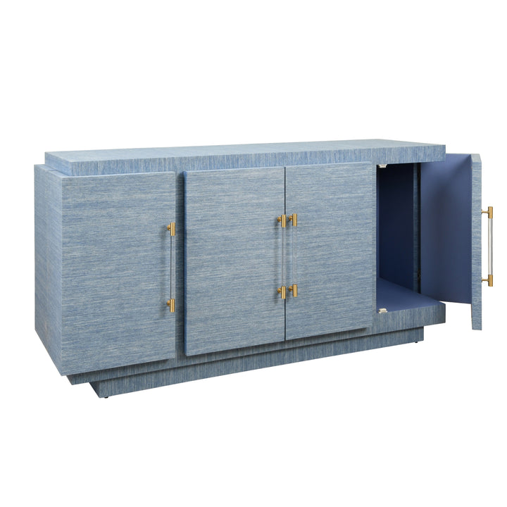 Four Door Wrap Around Modern Buffet With Brass Fluted Handles In Dyed Blue Grasscloth - STEELE BL