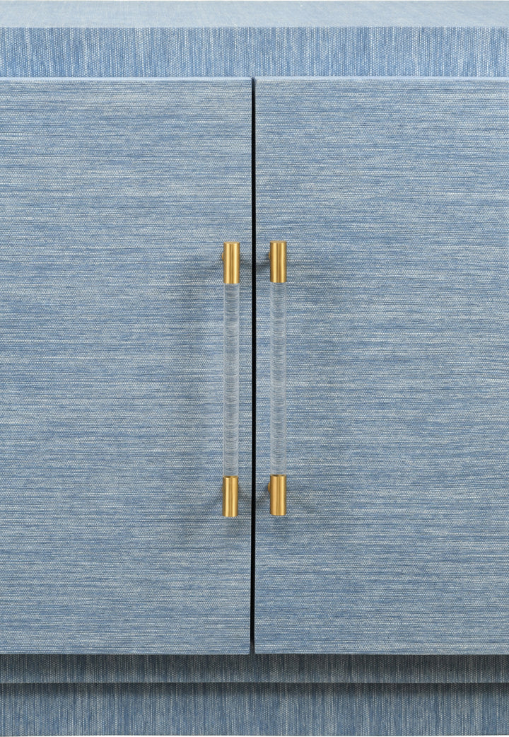 Four Door Wrap Around Modern Buffet With Brass Fluted Handles In Dyed Blue Grasscloth - STEELE BL