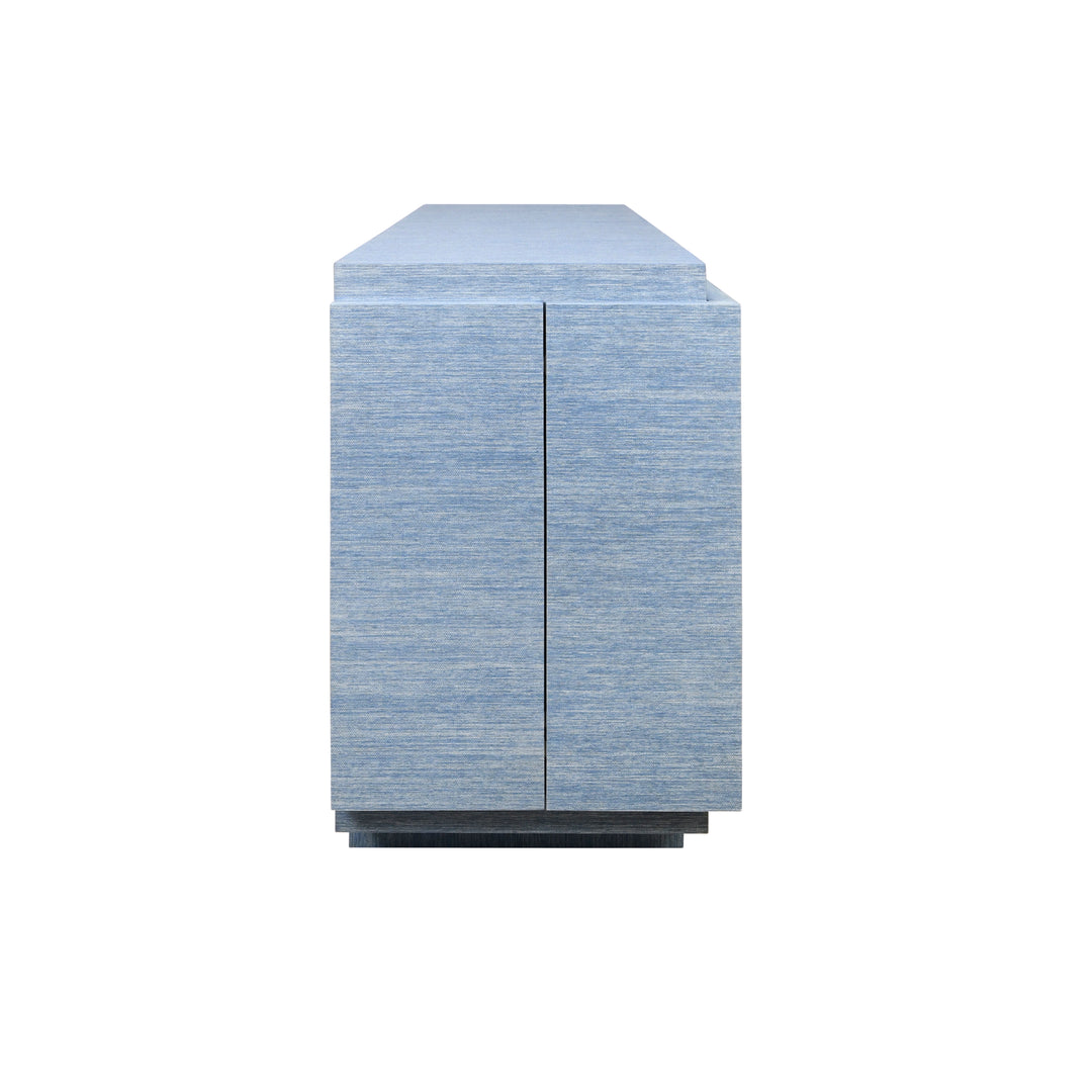 Four Door Wrap Around Modern Buffet With Brass Fluted Handles In Dyed Blue Grasscloth - STEELE BL