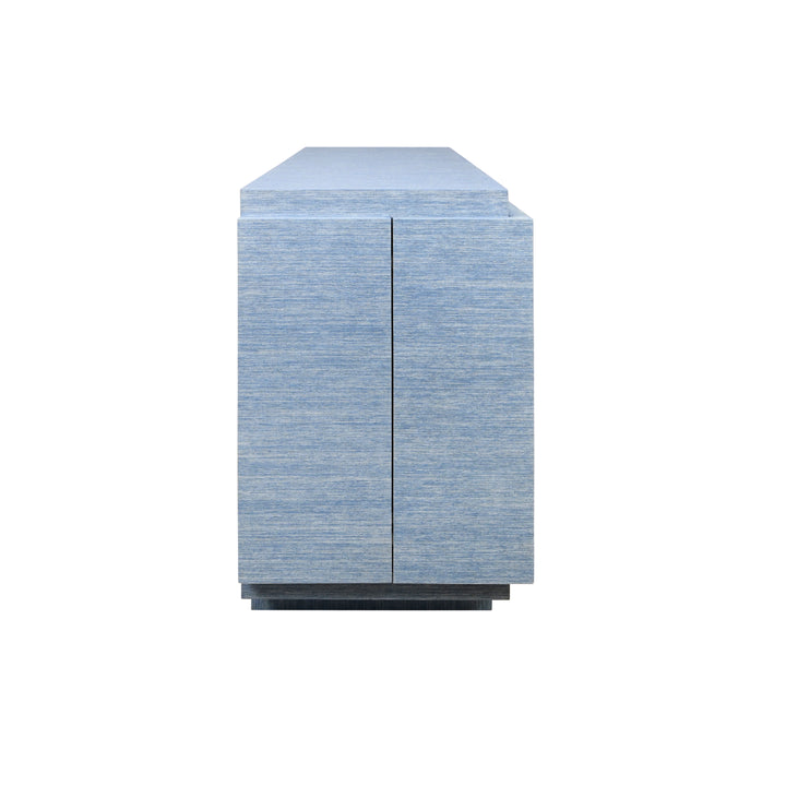 Four Door Wrap Around Modern Buffet With Brass Fluted Handles In Dyed Blue Grasscloth - STEELE BL