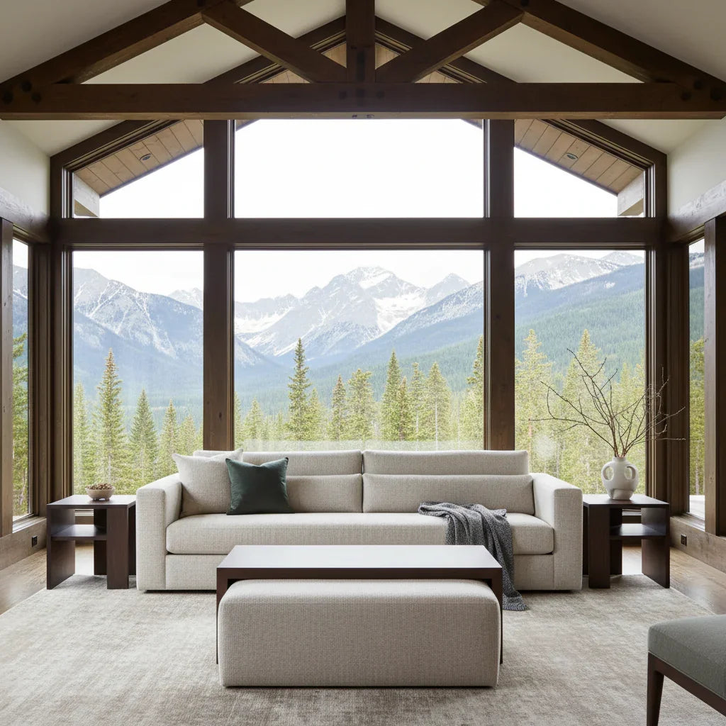 Salted Oak William 43.5" Square Ottoman Bristol Plaid and Modern Mocha OTTOMANS, POUFS, + STOOLS
