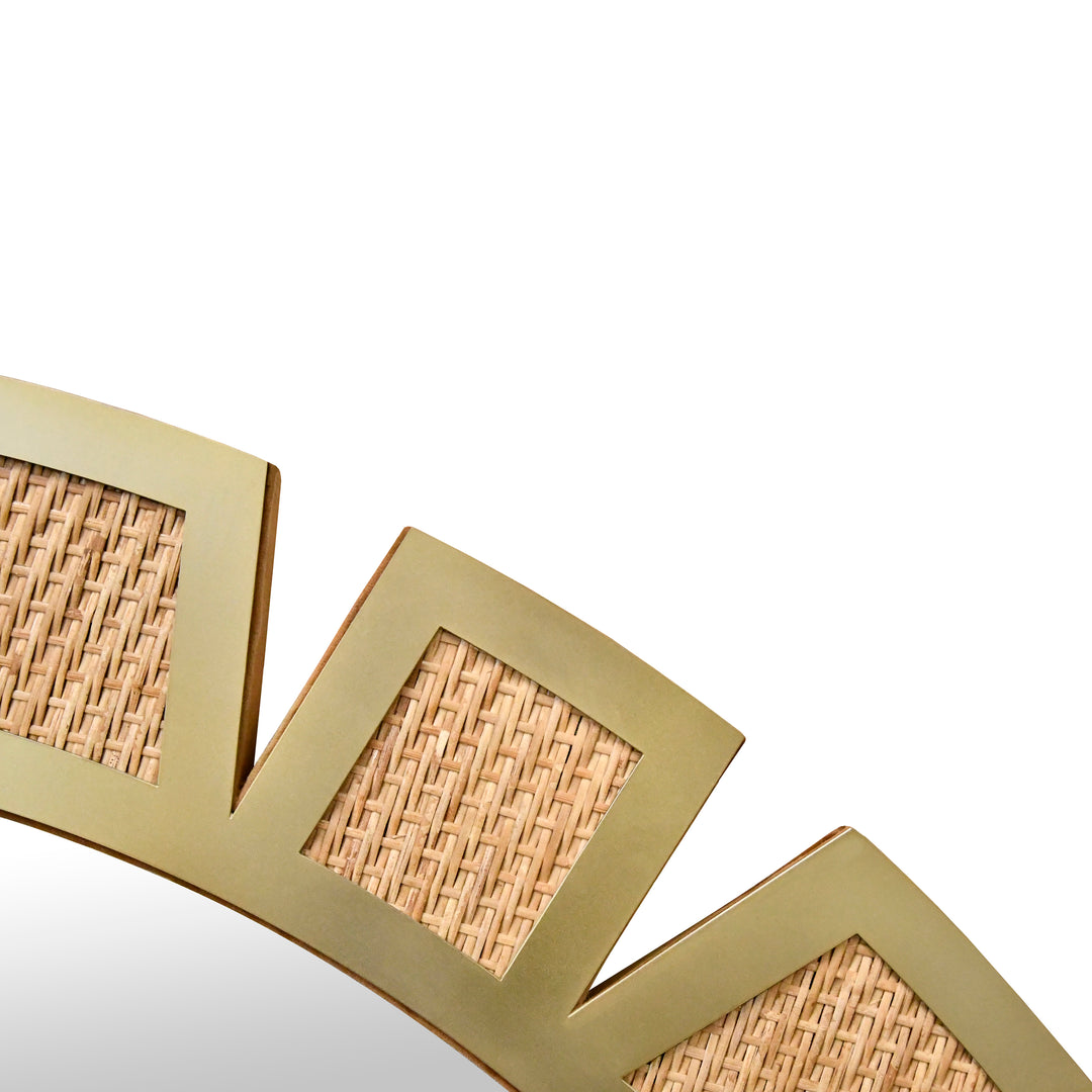Round Modern Suburst Mirror With Framed Rattan In Brass - SUNDAY