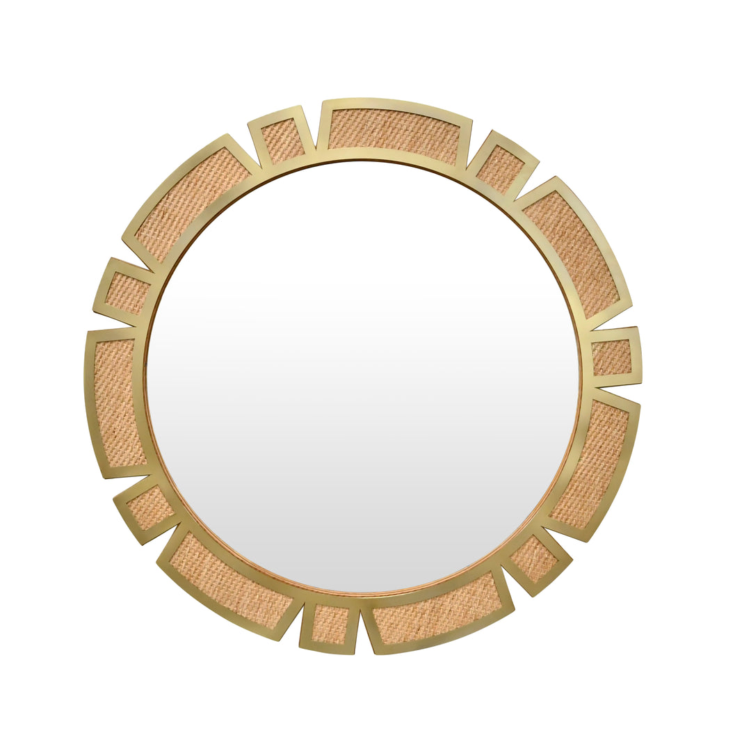 Round Modern Suburst Mirror With Framed Rattan In Brass - SUNDAY