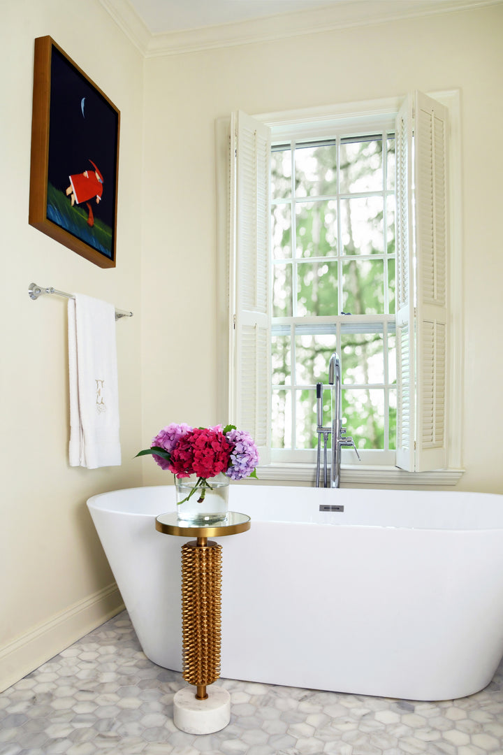 Round Pedestal Side Table With Urchin Textured Detail And White Marble Base With Inset Mirror Top - TALIA