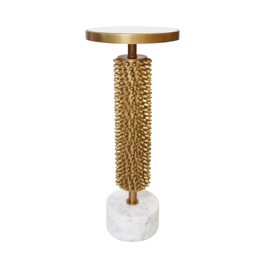 Round Pedestal Side Table With Urchin Textured Detail And White Marble Base With Inset Mirror Top - TALIA