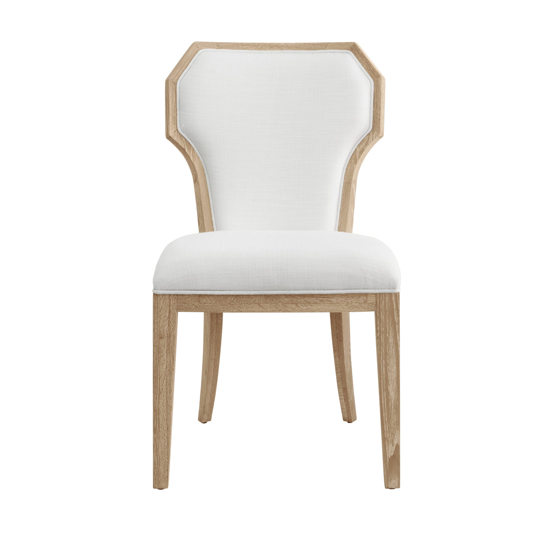 Dining Chair With Curved Angle Back In Cerused Oak With Performance White Linen Upholstery - TALLY CO