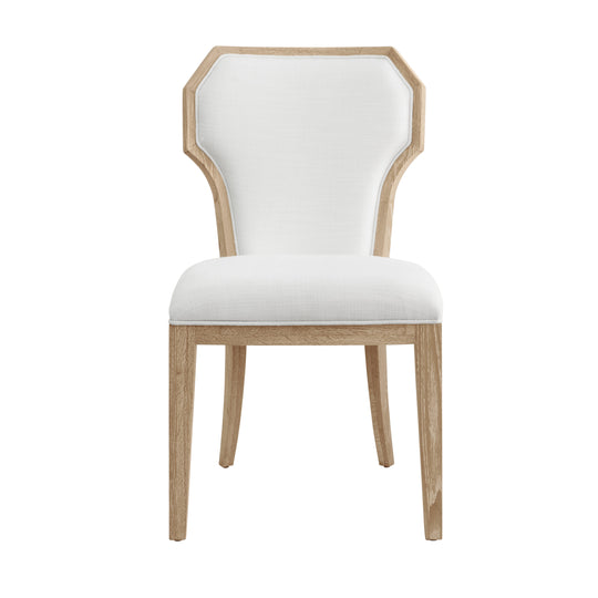 Dining Chair With Curved Angle Back In Cerused Oak With Performance White Linen Upholstery - TALLY CO