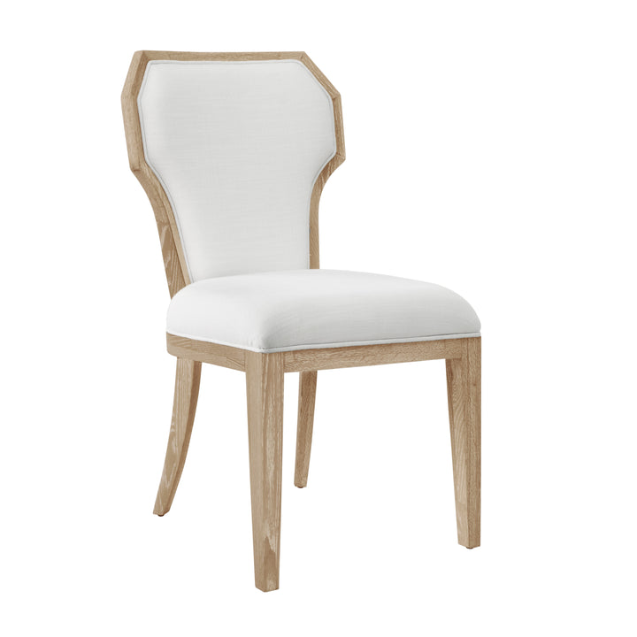 Dining Chair With Curved Angle Back In Cerused Oak With Performance White Linen Upholstery - TALLY CO