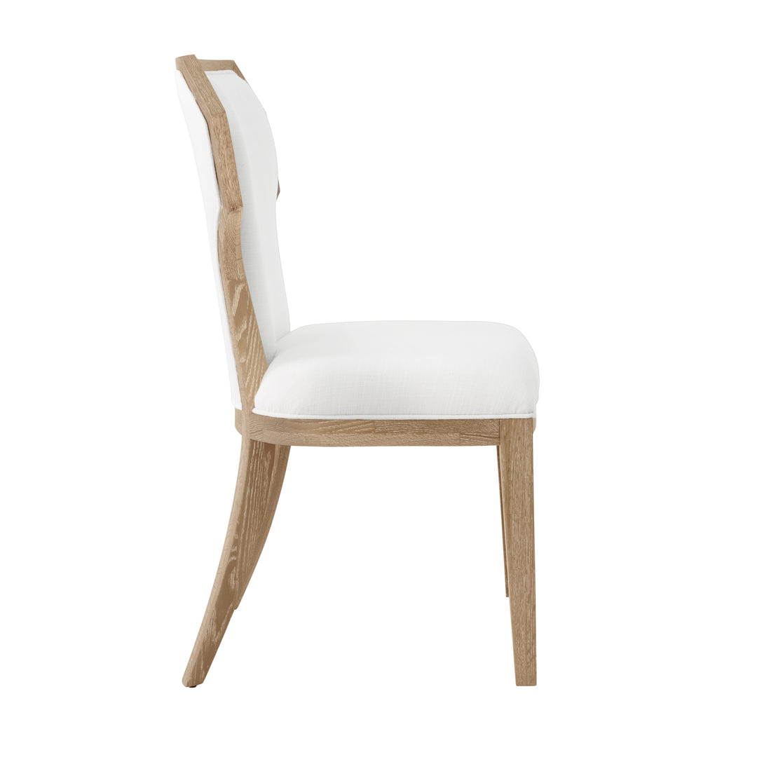 Dining Chair With Curved Angle Back In Cerused Oak With Performance White Linen Upholstery - TALLY CO