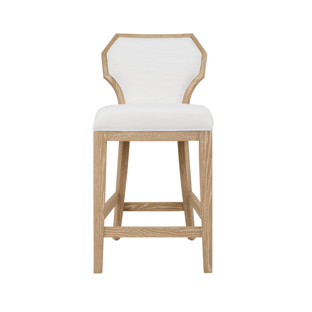 Counter Stool With Curved Angle Back In Cerused Oak With Performance White Linen Upholstery - TALLY CS CO