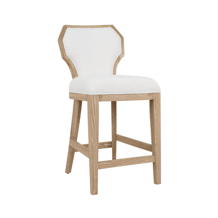 Counter Stool With Curved Angle Back In Cerused Oak With Performance White Linen Upholstery - TALLY CS CO