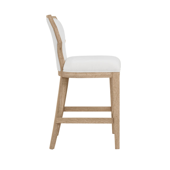 Counter Stool With Curved Angle Back In Cerused Oak With Performance White Linen Upholstery - TALLY CS CO
