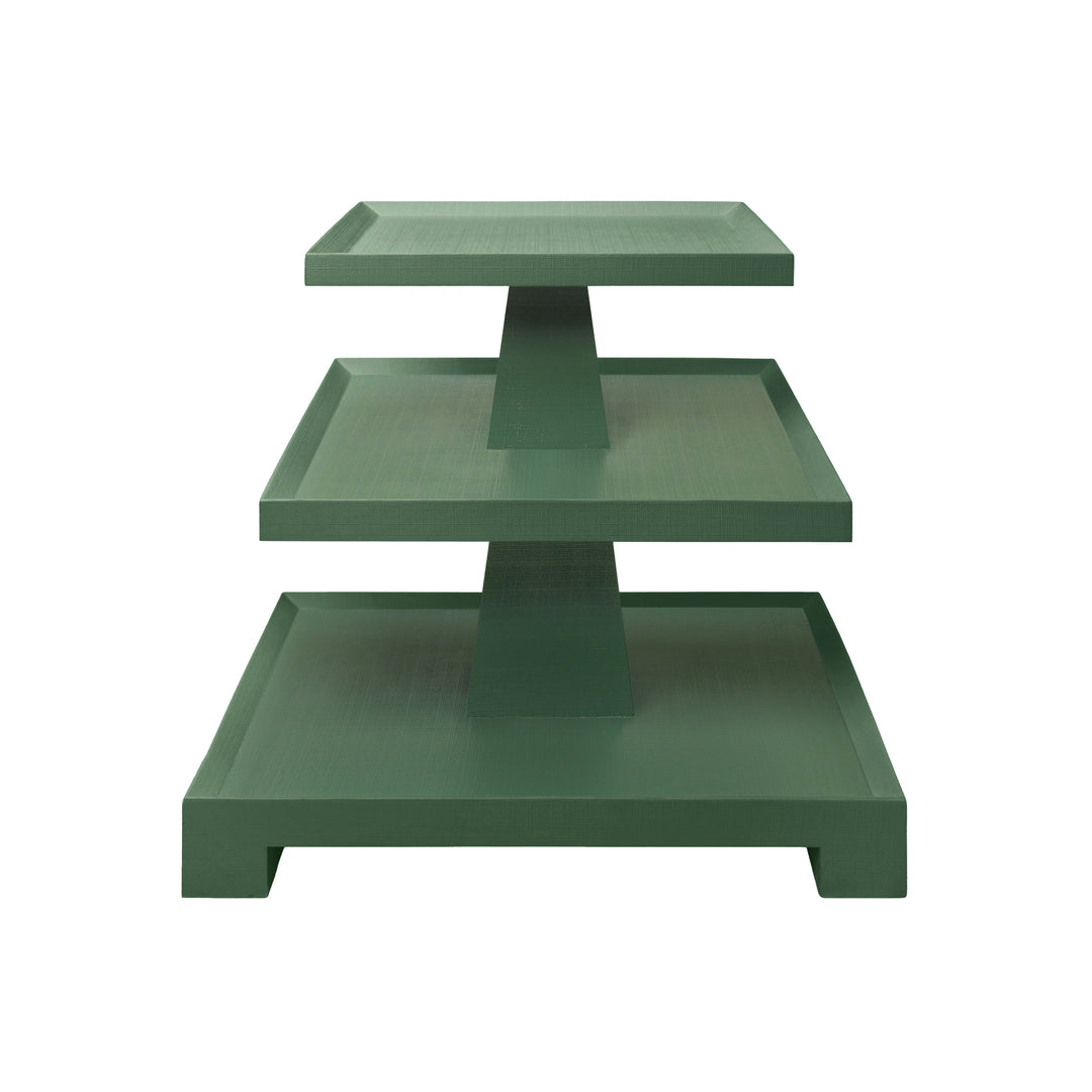 Three Tier Center Column Side Table In Textured Green Linen - TATIANA GR