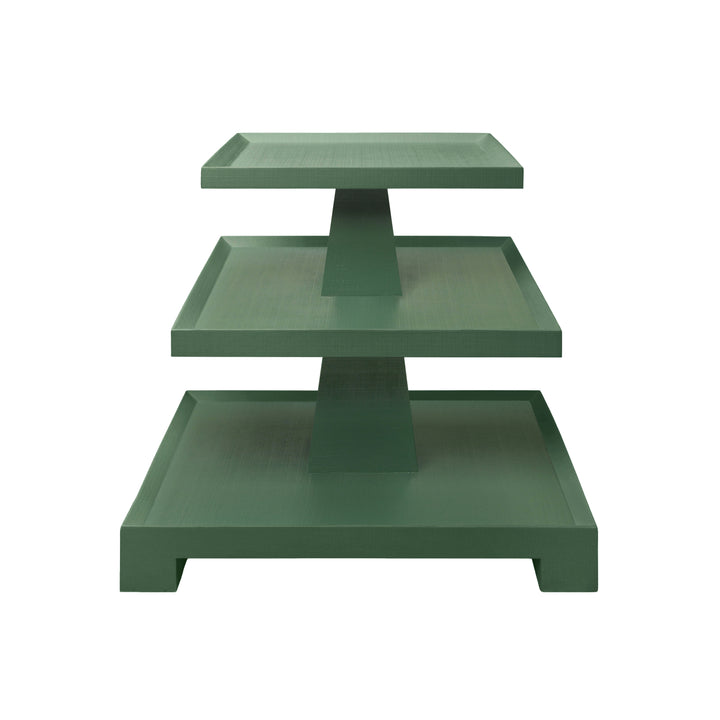 Three Tier Center Column Side Table In Textured Green Linen - TATIANA GR