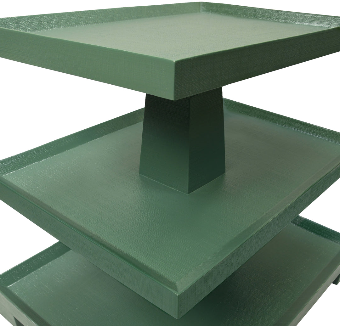Three Tier Center Column Side Table In Textured Green Linen - TATIANA GR