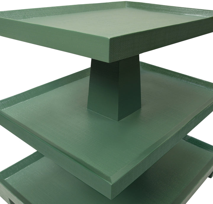 Three Tier Center Column Side Table In Textured Green Linen - TATIANA GR