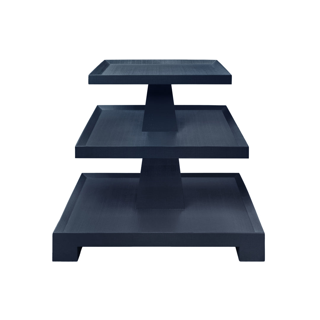 Three Tier Center Column Side Table In Textured Navy Linen - TATIANA NVY