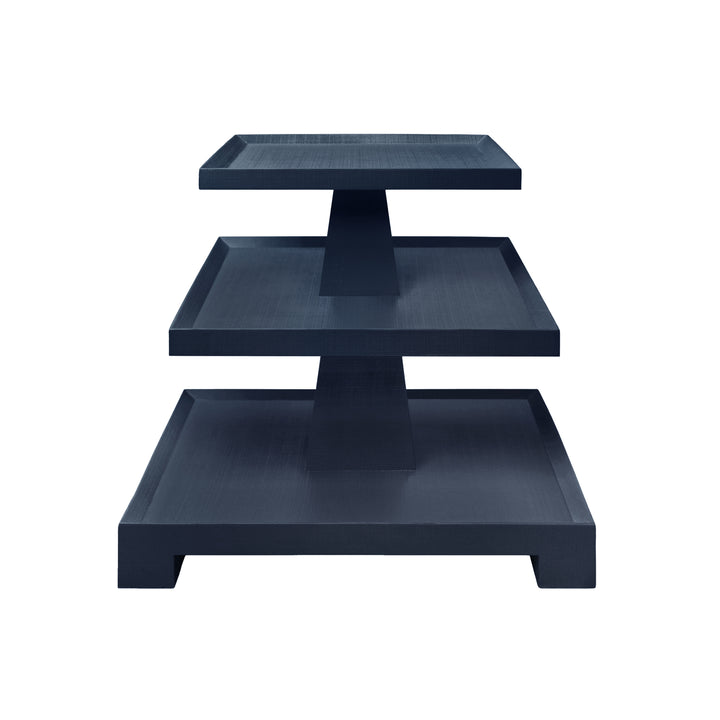 Three Tier Center Column Side Table In Textured Navy Linen - TATIANA NVY