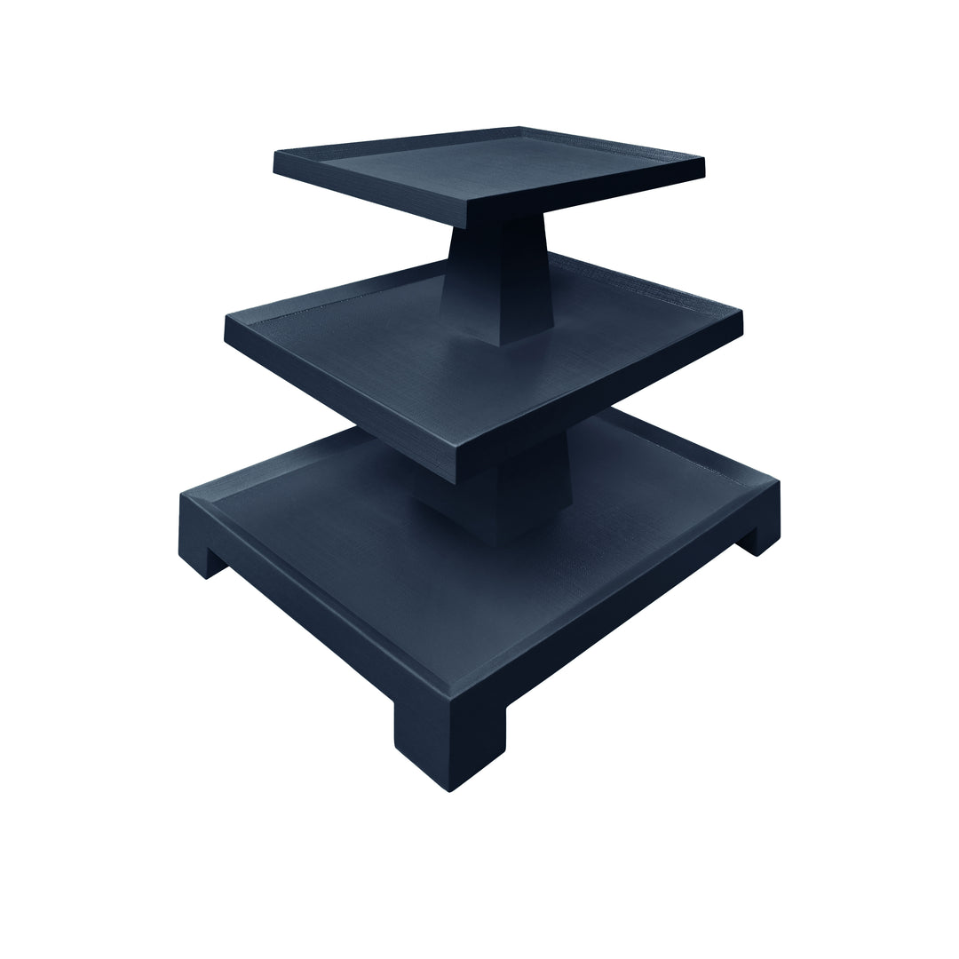 Three Tier Center Column Side Table In Textured Navy Linen - TATIANA NVY