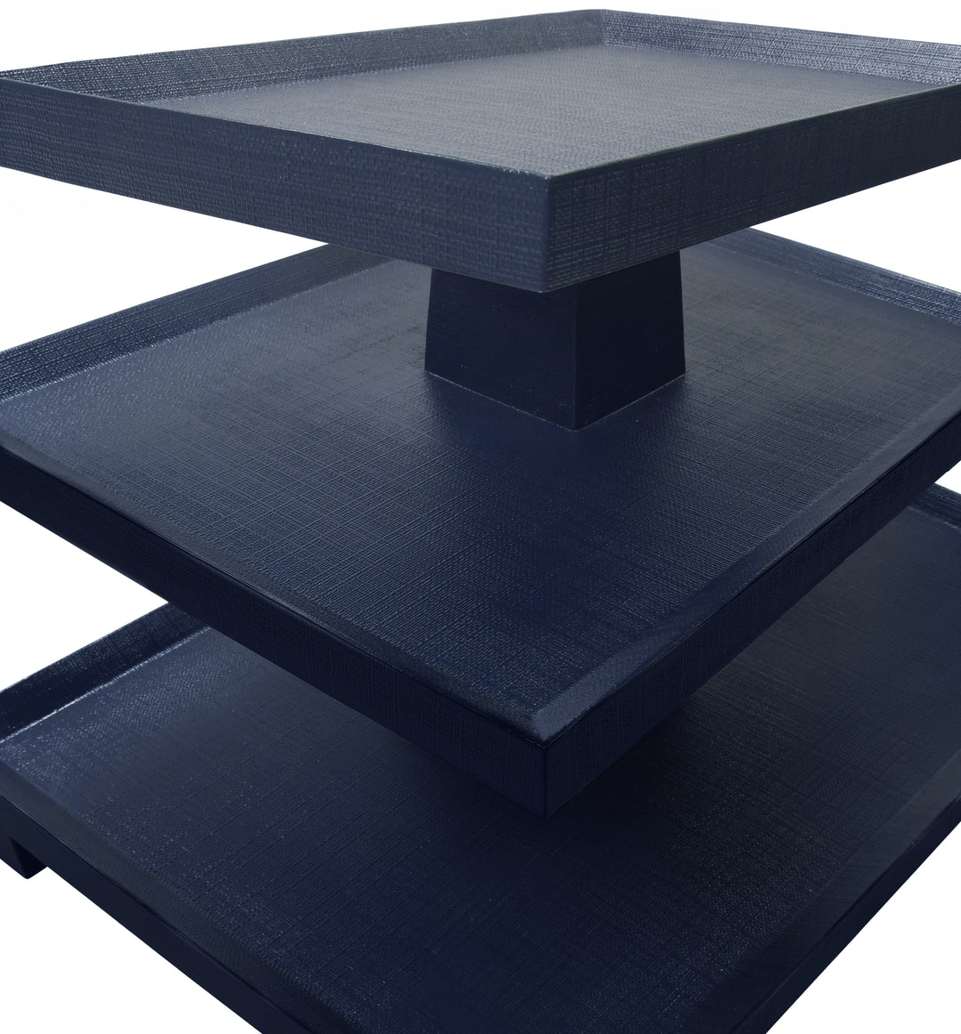 Three Tier Center Column Side Table In Textured Navy Linen - TATIANA NVY