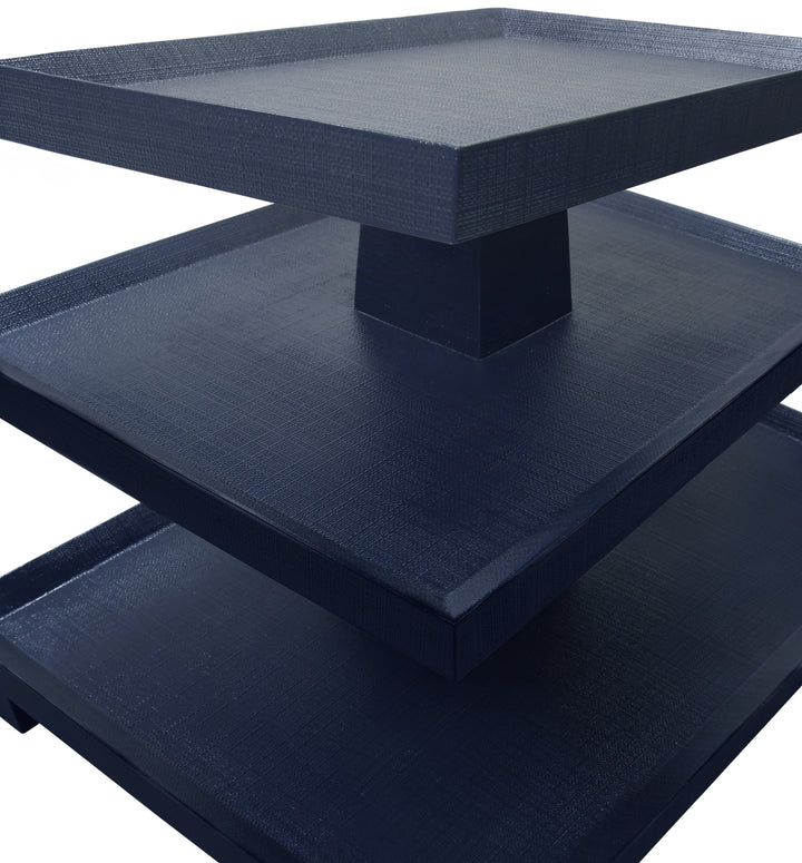 Three Tier Center Column Side Table In Textured Navy Linen - TATIANA NVY