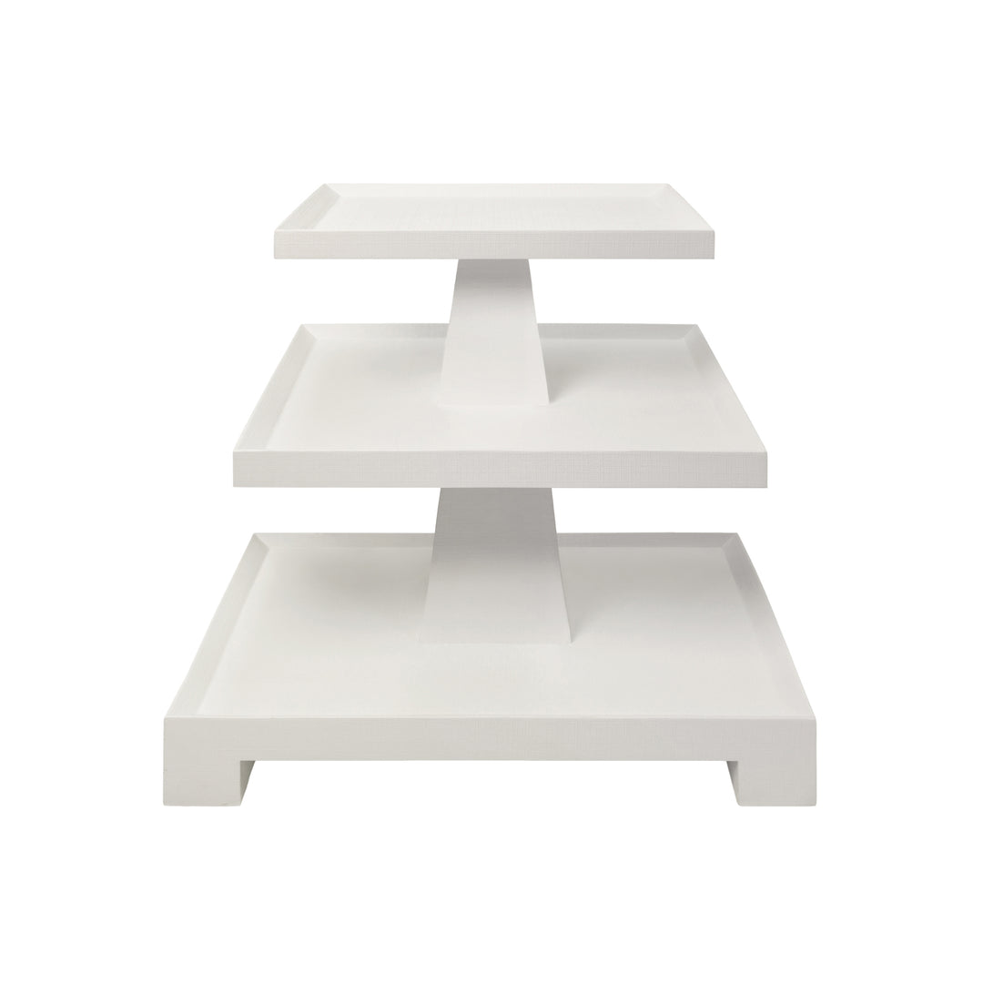 Three Tier Center Column Side Table In Textured White Linen - TATIANA WH