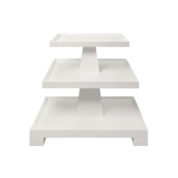 Three Tier Center Column Side Table In Textured White Linen - TATIANA WH