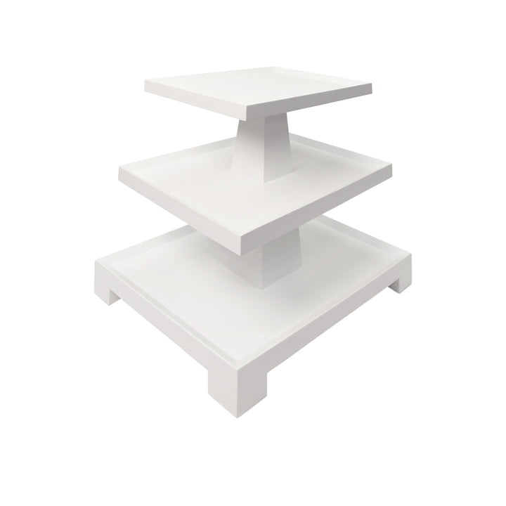 Three Tier Center Column Side Table In Textured White Linen - TATIANA WH