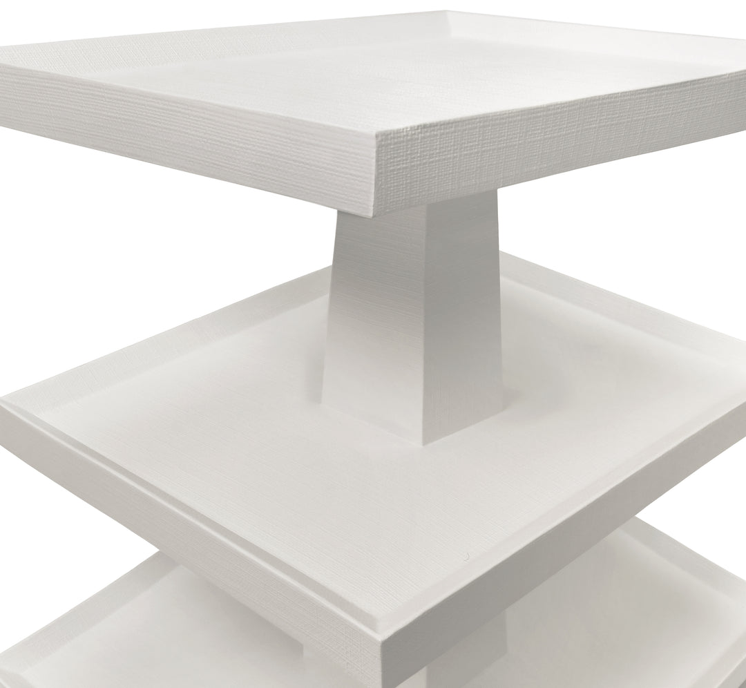 Three Tier Center Column Side Table In Textured White Linen - TATIANA WH