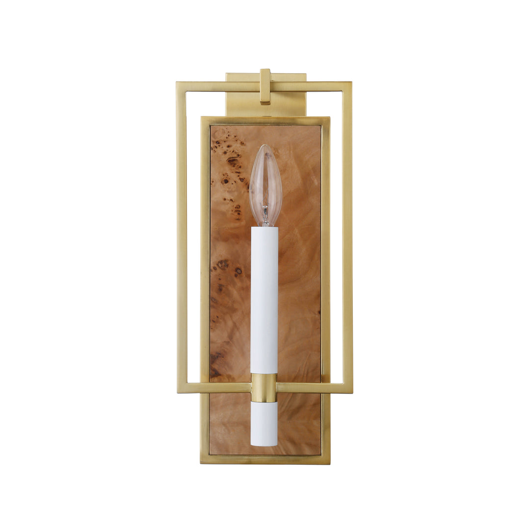 Candlestick Sconce With Rectangular Burl Wood Backplate And Open Brushed Brass Rectangle Frame - TAURUS BW