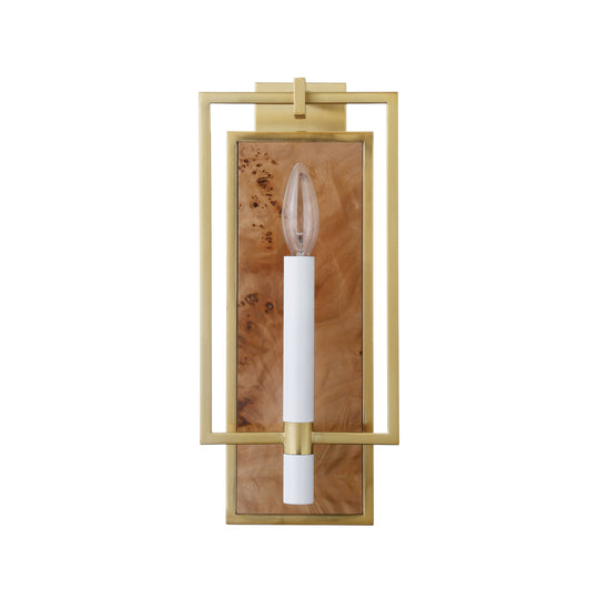 Candlestick Sconce With Rectangular Burl Wood Backplate And Open Brushed Brass Rectangle Frame - TAURUS BW