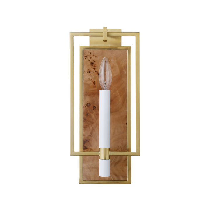 Candlestick Sconce With Rectangular Burl Wood Backplate And Open Brushed Brass Rectangle Frame - TAURUS BW