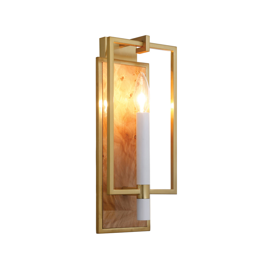 Candlestick Sconce With Rectangular Burl Wood Backplate And Open Brushed Brass Rectangle Frame - TAURUS BW