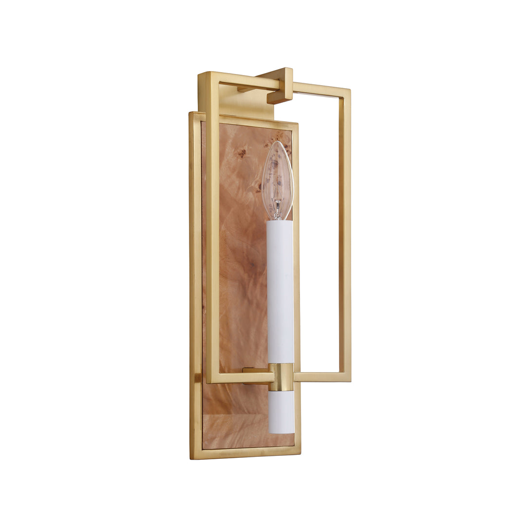 Candlestick Sconce With Rectangular Burl Wood Backplate And Open Brushed Brass Rectangle Frame - TAURUS BW