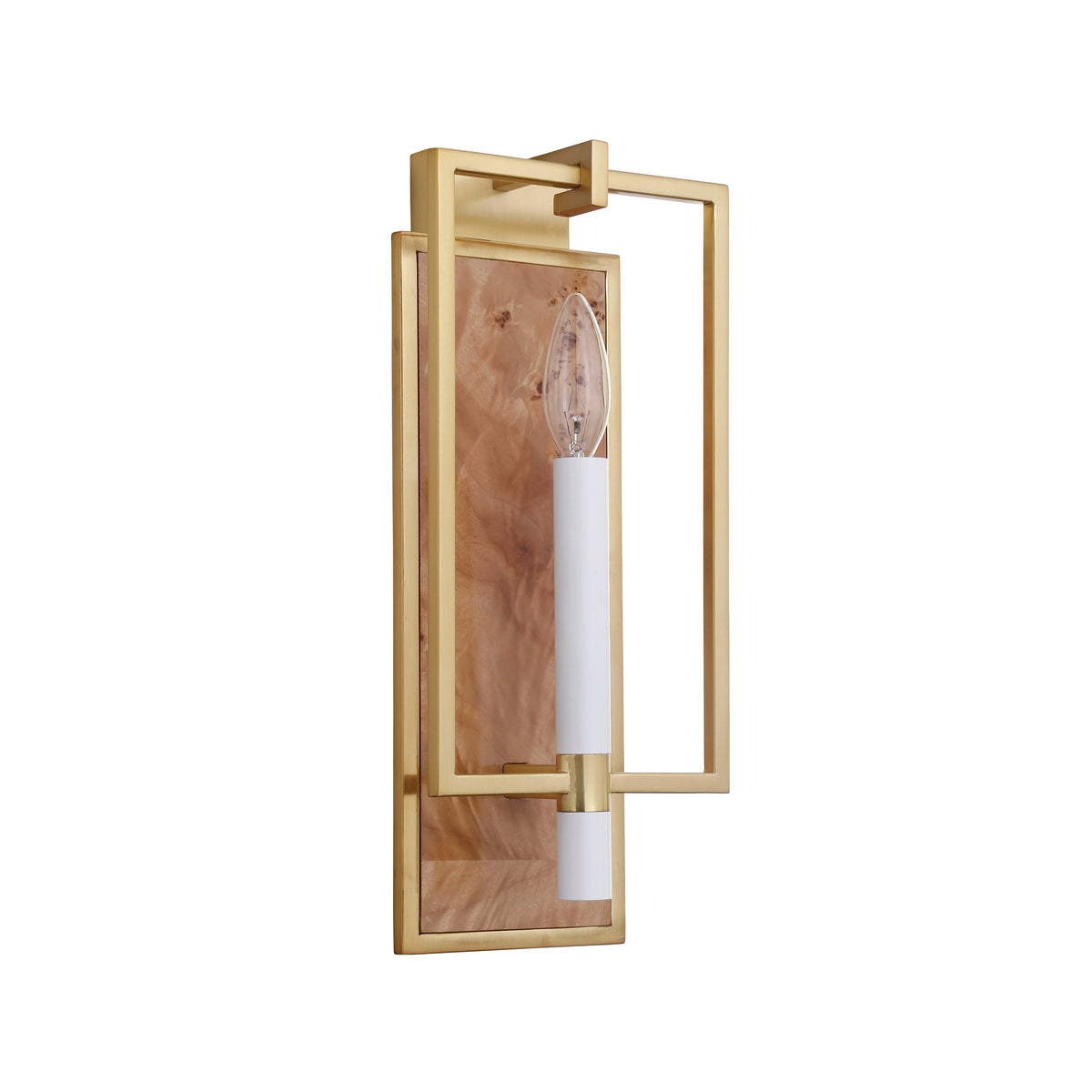 Candlestick Sconce With Rectangular Burl Wood Backplate And Open Brushed Brass Rectangle Frame - TAURUS BW