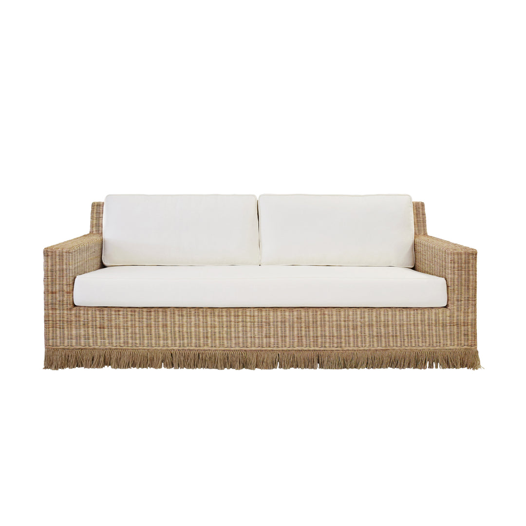 Lawson Style Sofa In Natural Rattan With Fringe Skirt And Ivory Linen Cushions - TENNY WH