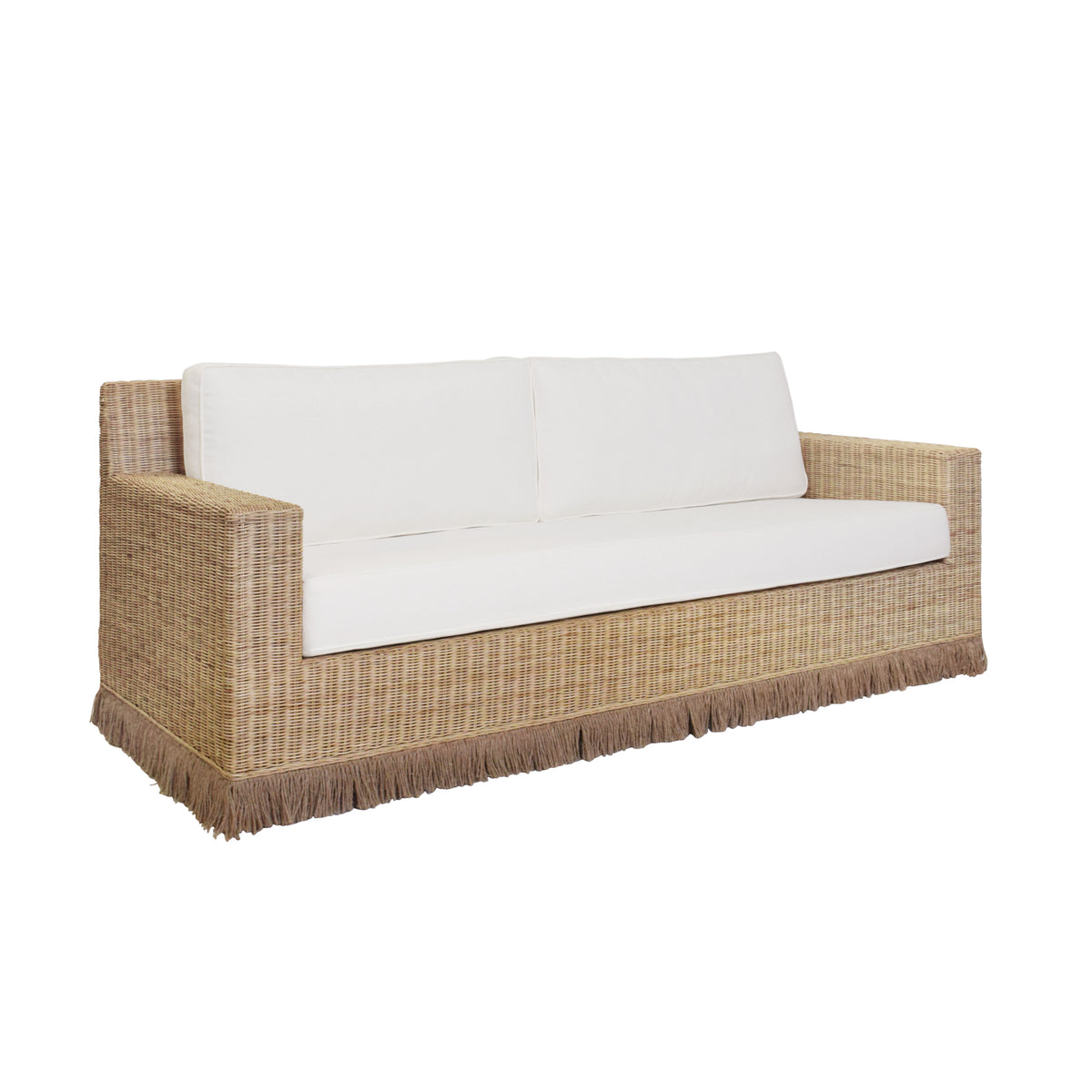 Lawson Style Sofa In Natural Rattan With Fringe Skirt And Ivory Linen Cushions - TENNY WH