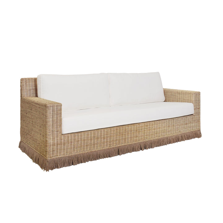 Lawson Style Sofa In Natural Rattan With Fringe Skirt And Ivory Linen Cushions - TENNY WH