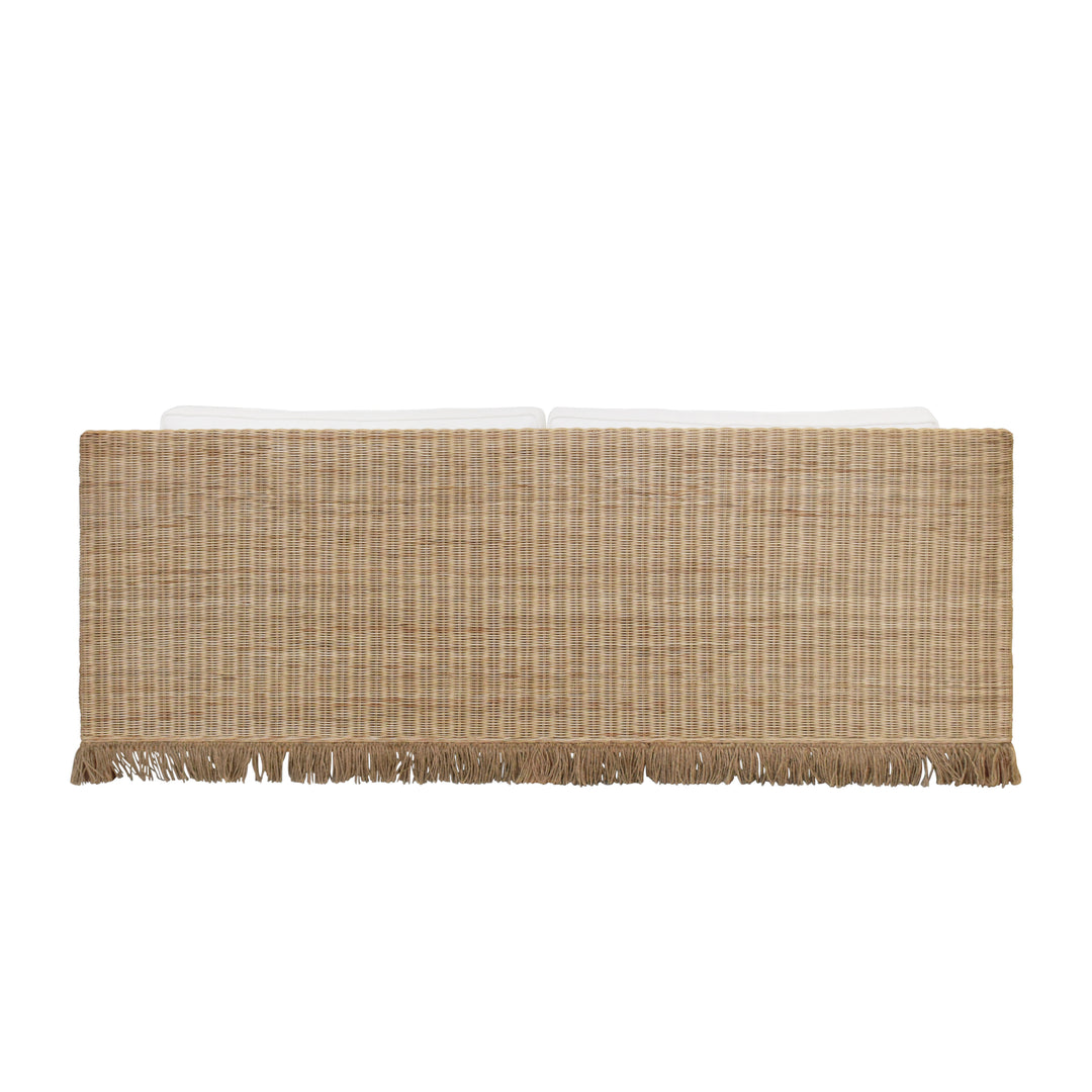Lawson Style Sofa In Natural Rattan With Fringe Skirt And Ivory Linen Cushions - TENNY WH