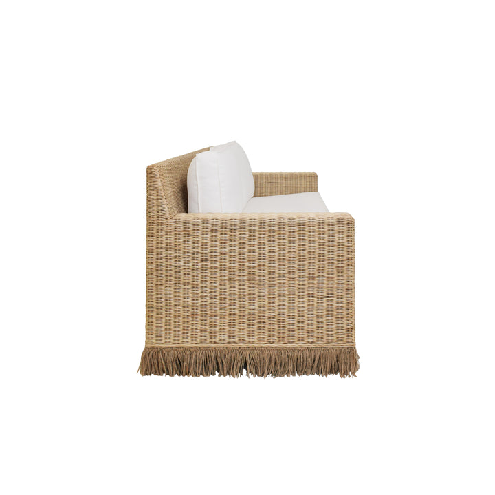 Lawson Style Sofa In Natural Rattan With Fringe Skirt And Ivory Linen Cushions - TENNY WH