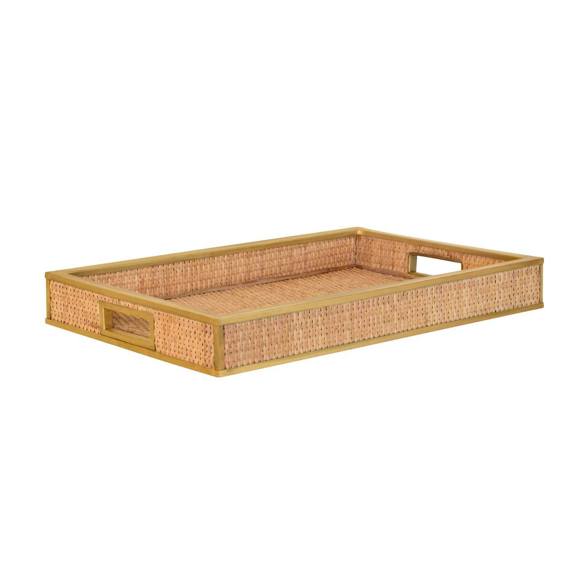 Rectangular Natural Wicker Rattan Tray With Framed Brass Edge - TOBIN