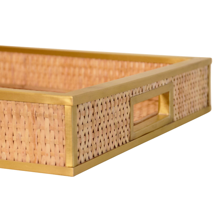 Rectangular Natural Wicker Rattan Tray With Framed Brass Edge - TOBIN