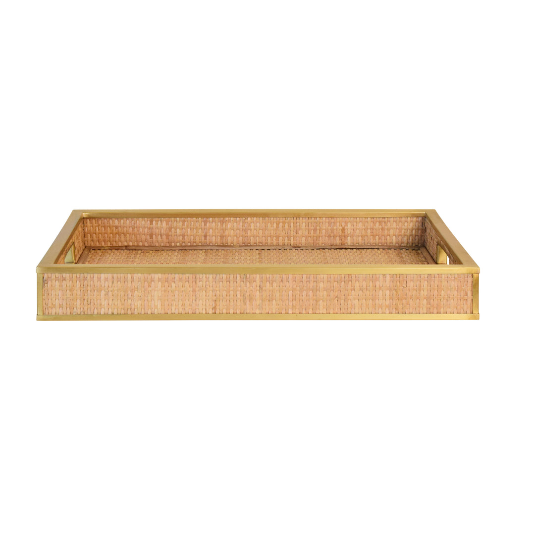 Rectangular Natural Wicker Rattan Tray With Framed Brass Edge - TOBIN
