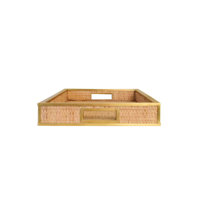 Rectangular Natural Wicker Rattan Tray With Framed Brass Edge - TOBIN