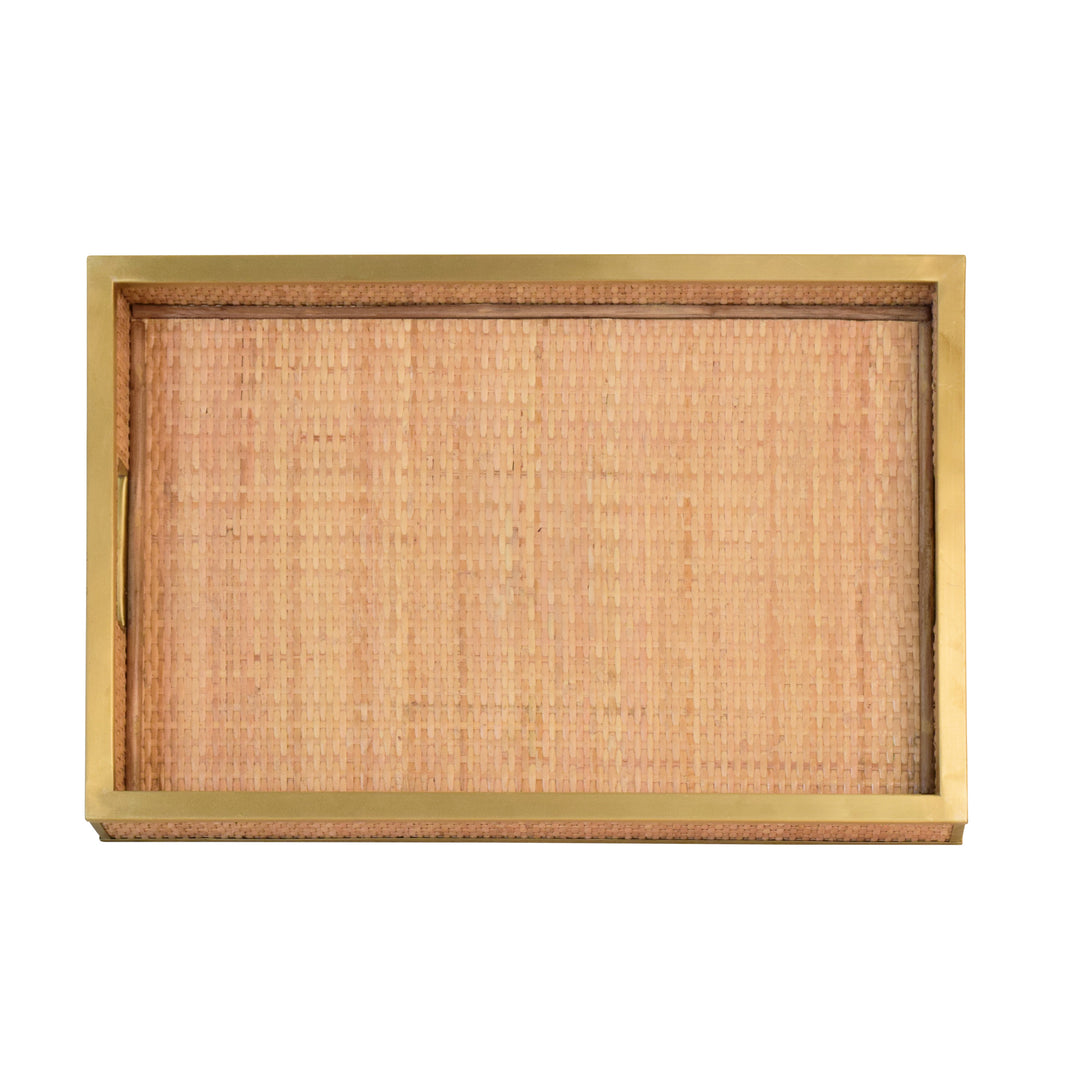 Rectangular Natural Wicker Rattan Tray With Framed Brass Edge - TOBIN